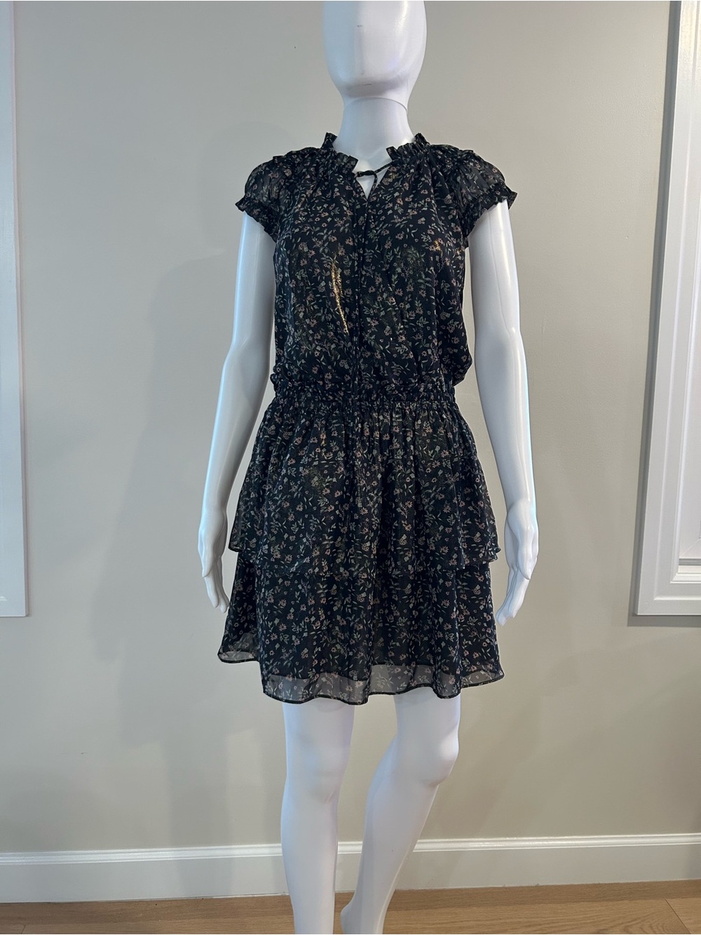 Current Air Black Floral Smocked Tiered Mini Dress